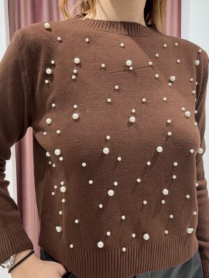 MAGLIA MARRONE CON PERLE SUSY MIX - immagine 3