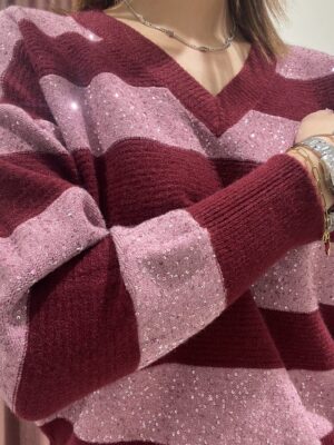 MAGLIONE A RIGHE BORDEAUX CON PAILLETTES SUSY MIX - immagine 5